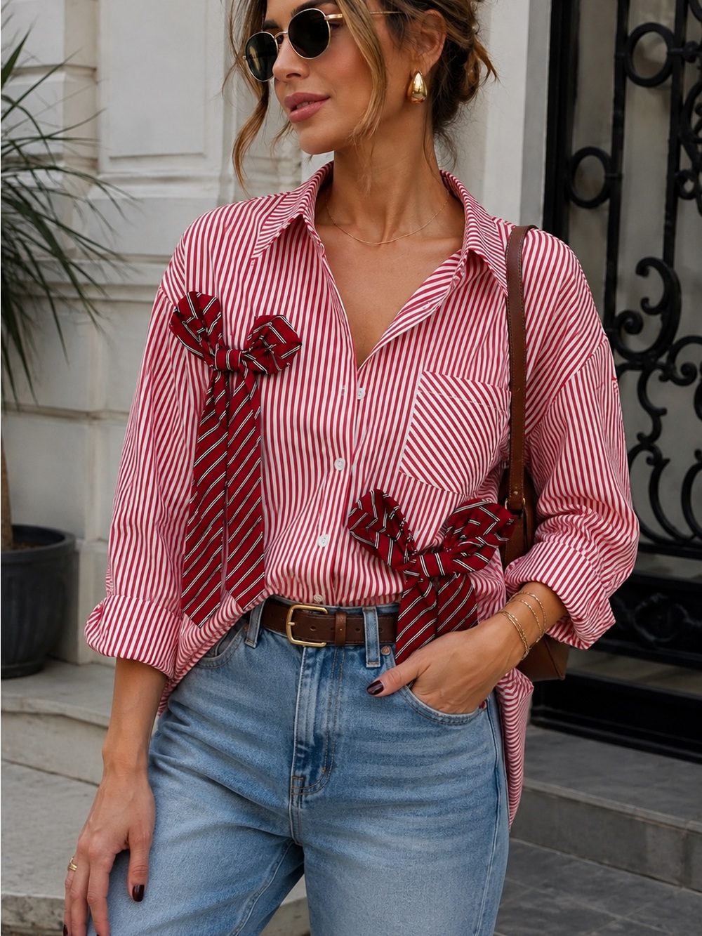 Trendsetter blouse Red Striped Button-Down Shirt with Bow Details - Women